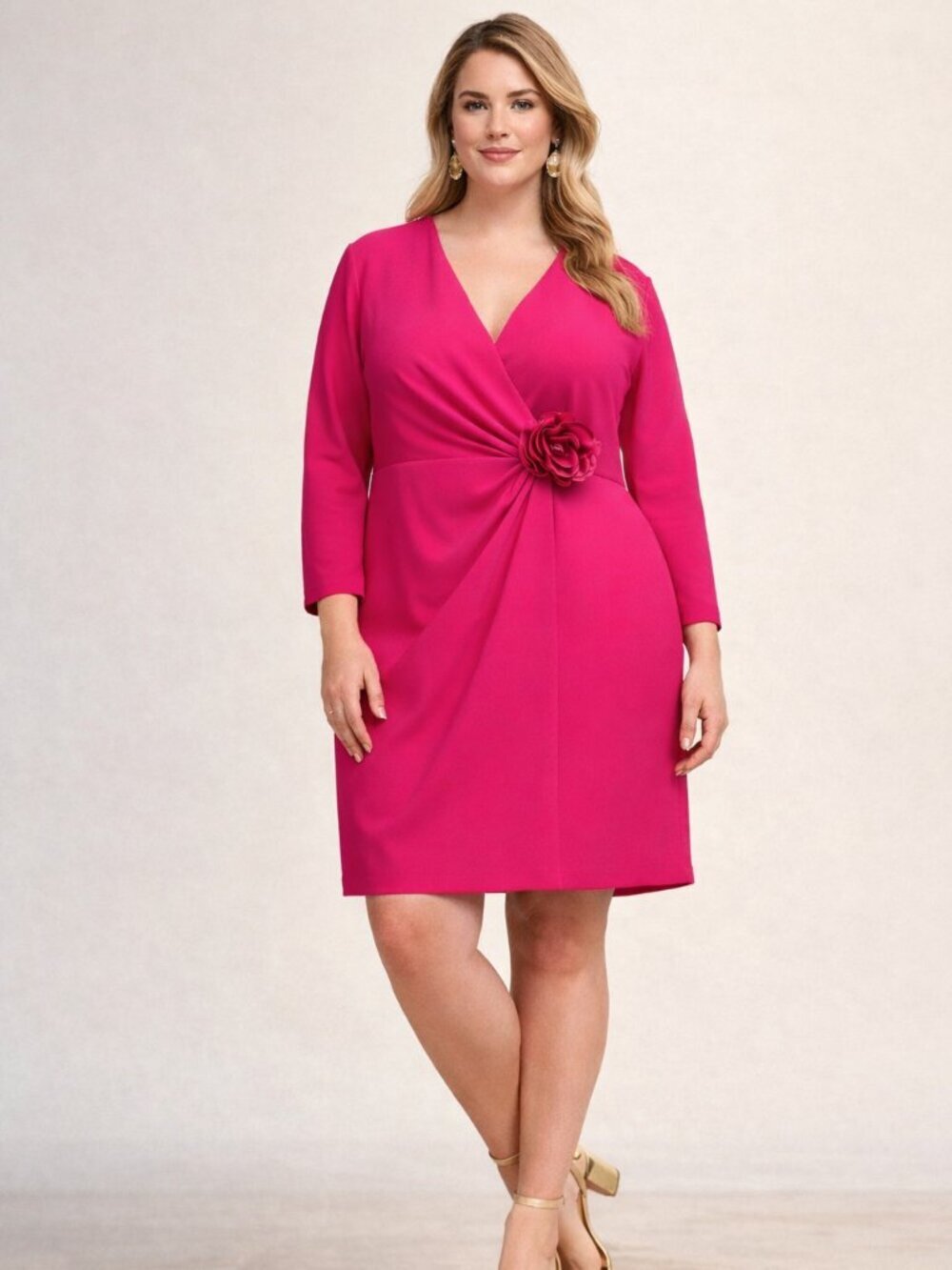 Eliza J. Plus Size Hot Pink Stretch Faux Wrap Cocktail Dress Surplice Neck 14W